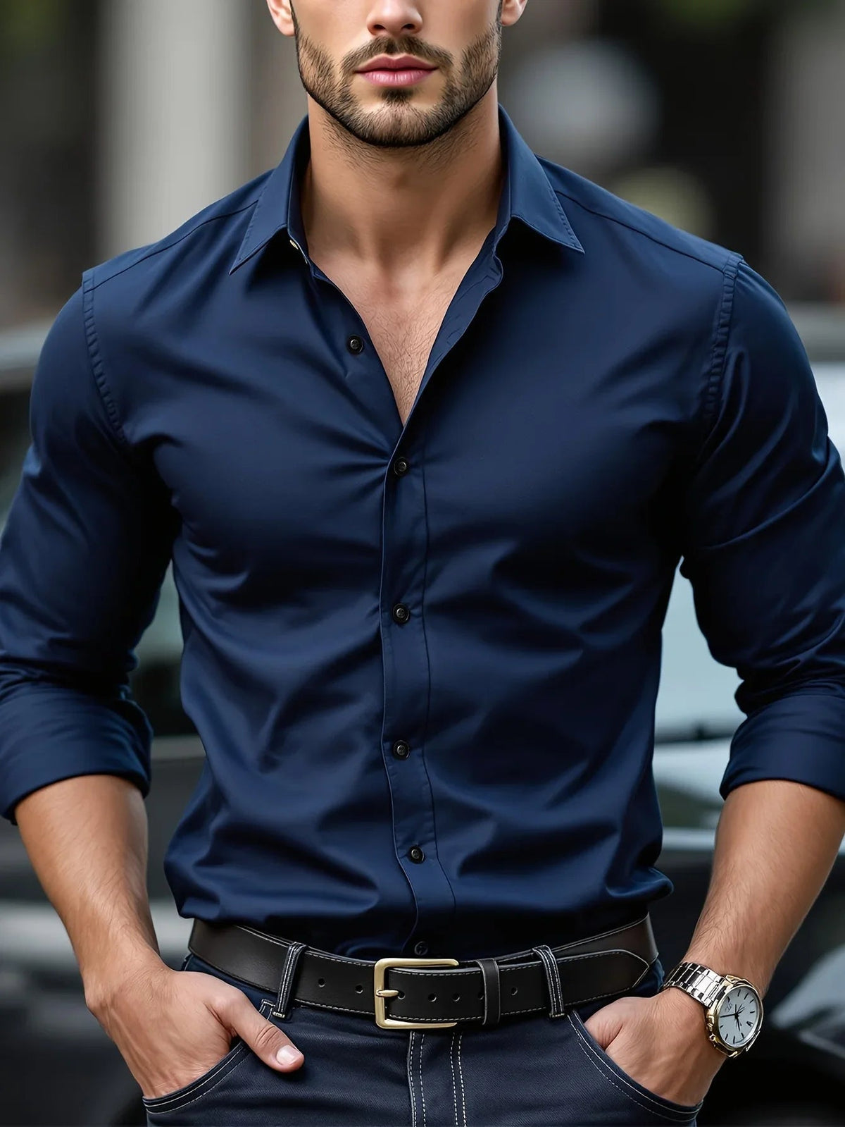 Men's Black Long Sleeve Shirt in Navy