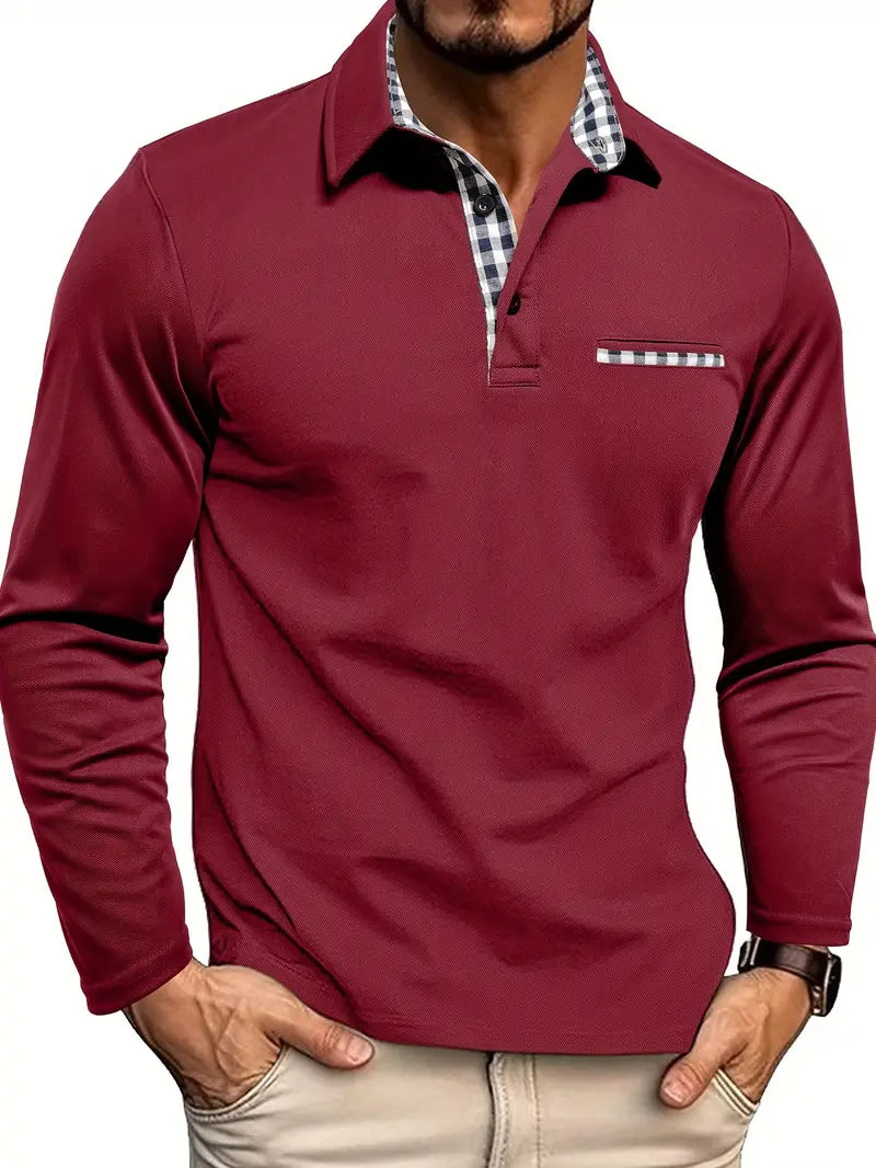 Men's Contrast Placket Long Sleeve Polo Shirt view 4