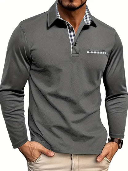 Men's Contrast Placket Long Sleeve Polo Shirt view 3