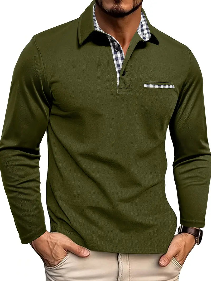 Men's Contrast Placket Long Sleeve Polo Shirt view 5