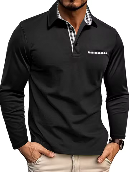 Men's Contrast Placket Long Sleeve Polo Shirt view 2