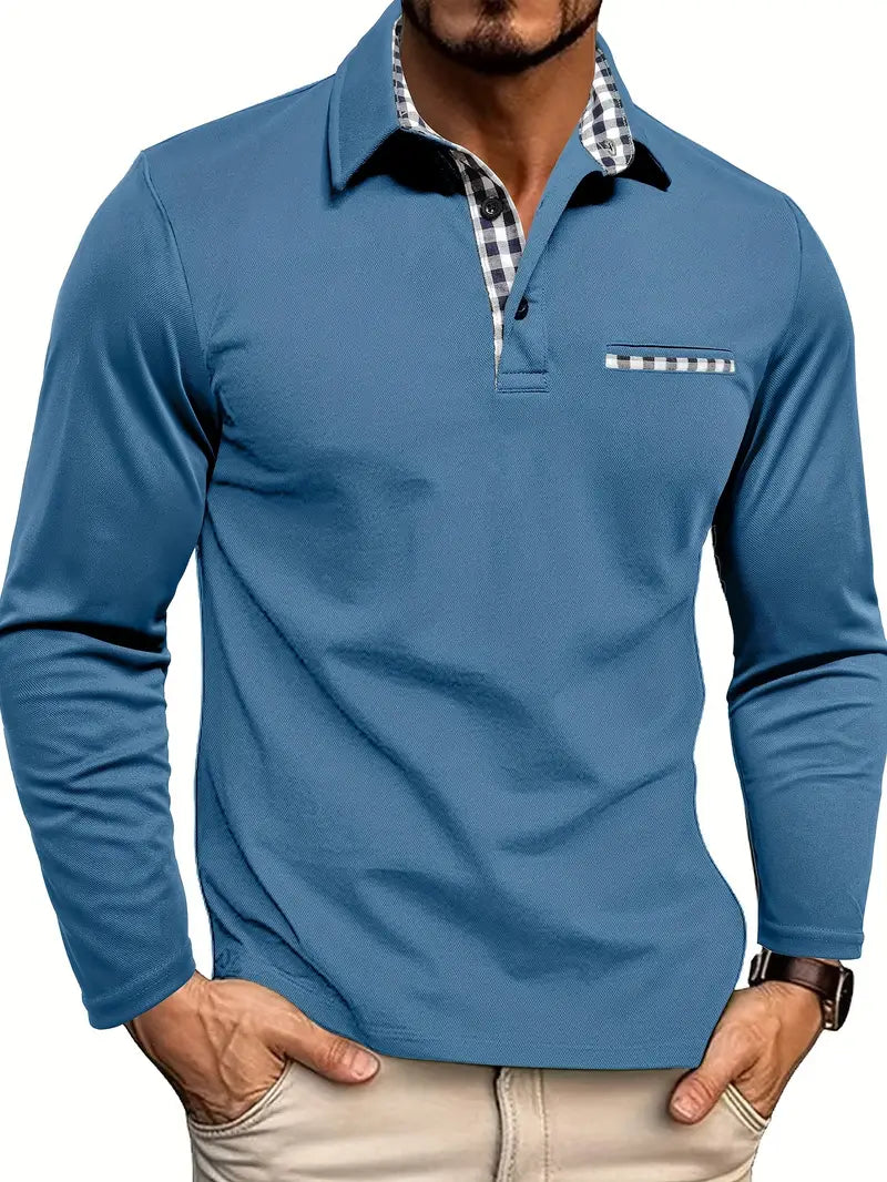 Men's Contrast Placket Long Sleeve Polo Shirt