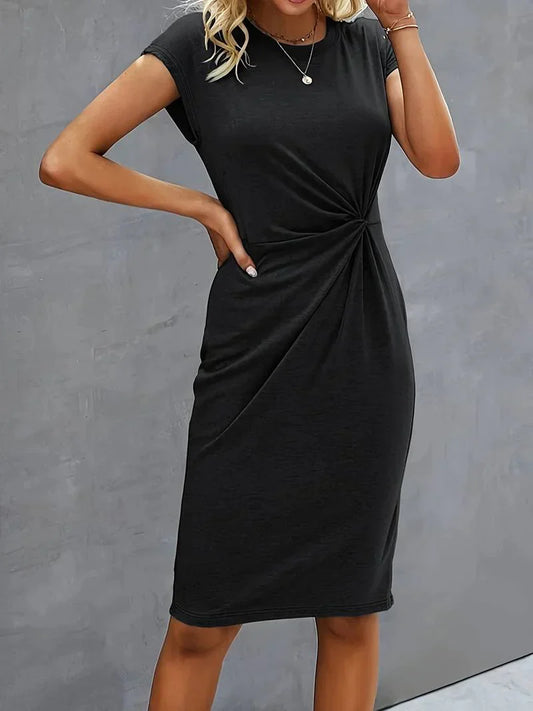 Women's Black Short Sleeve Ruched Midi Dress