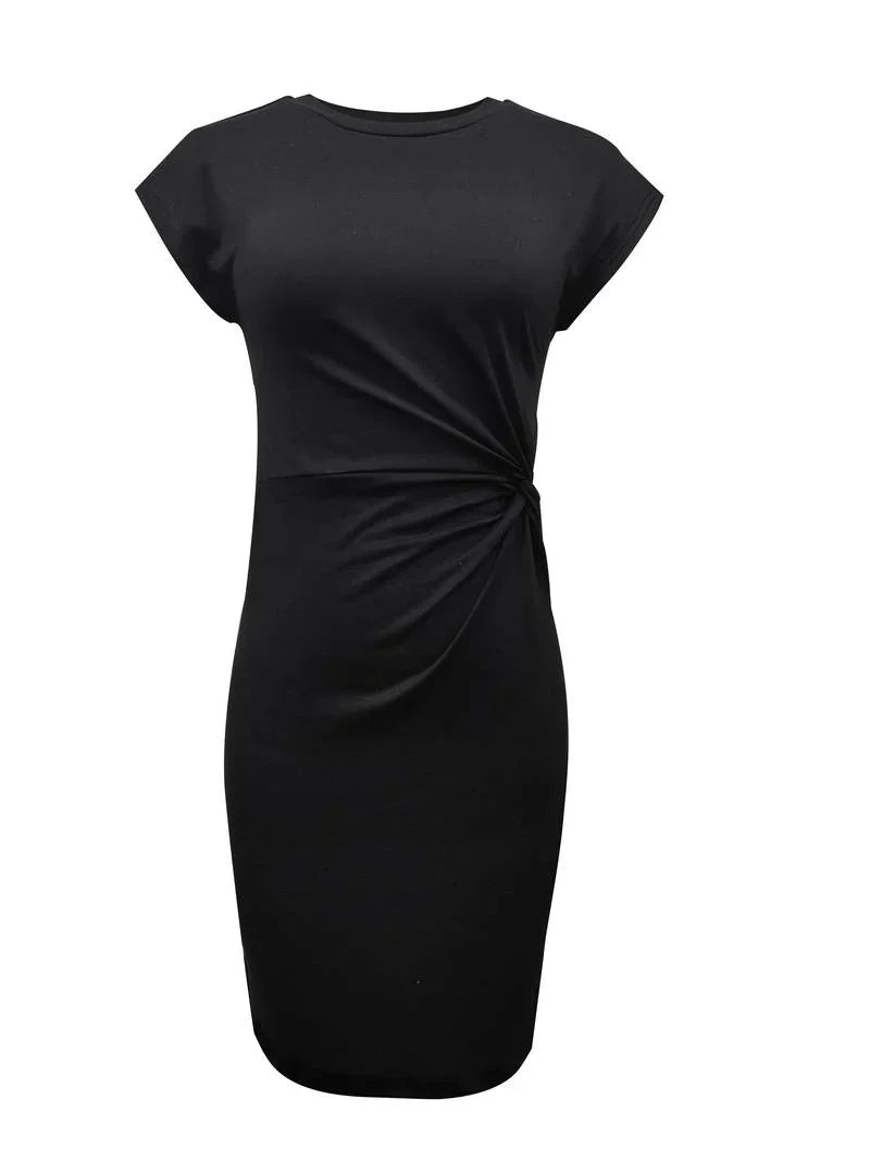 Women's Black Short Sleeve Ruched Midi Dress