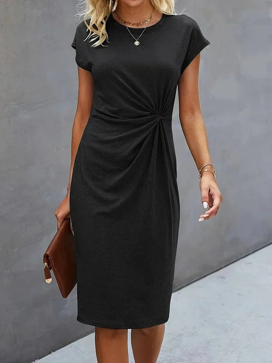 Women's Black Short Sleeve Ruched Midi Dress in Black