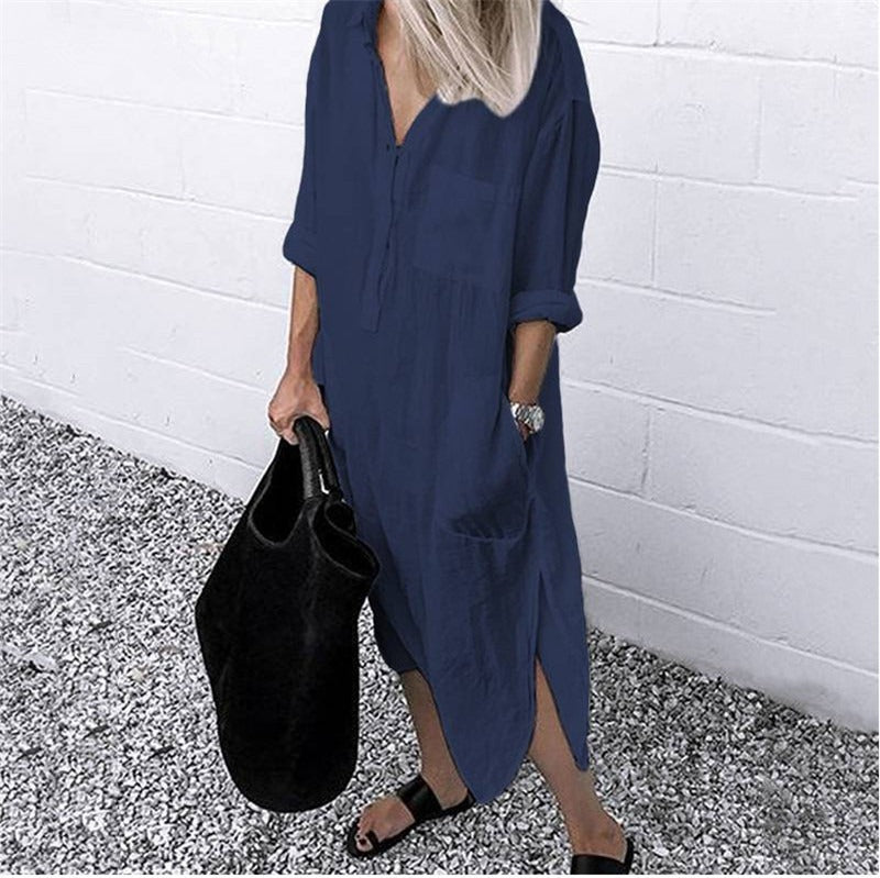 Women's Collared Long Sleeve Side Split Shirt Dress in Dark Blue