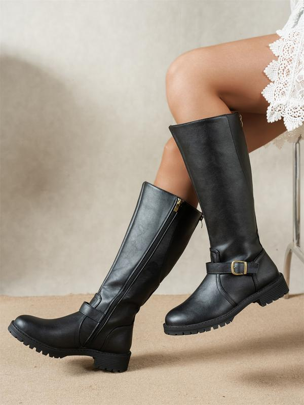 Women's Buckle Strap Chunky Sole Knee High Boots