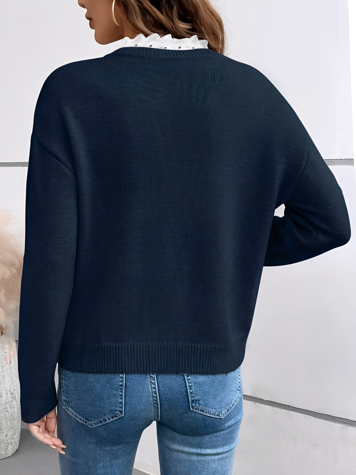 Women's Lace Trim Knitted V Neck Long Sleeve Jumper view 2