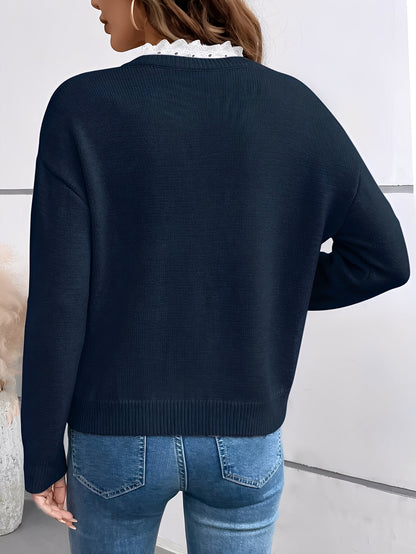 Women's Lace Trim Knitted V Neck Long Sleeve Jumper view 2