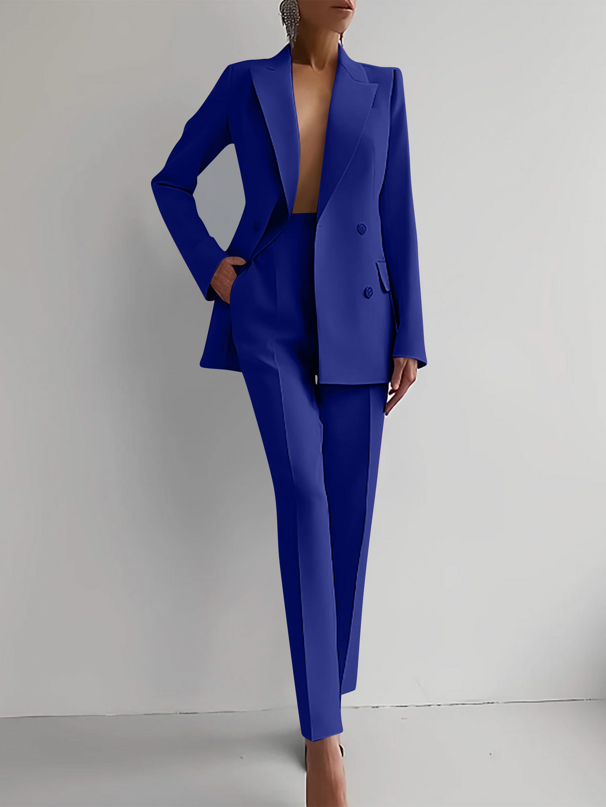 Women's Double Breasted Blazer and Slim Trouser Set in Blue