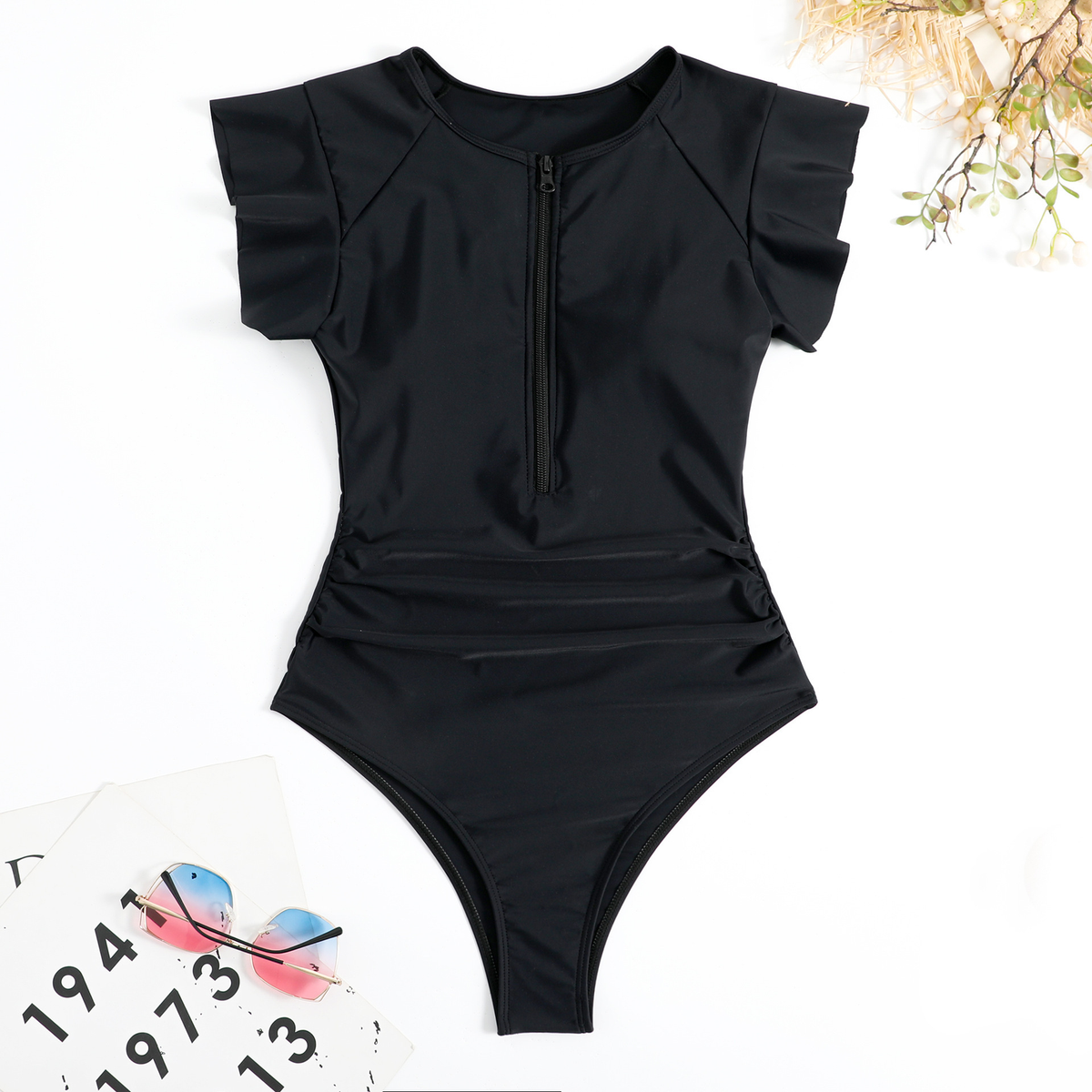 Women's Stretch Zip Up Ruffle One Piece Swimsuit in Black