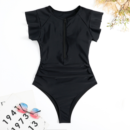Women's Stretch Zip Up Ruffle One Piece Swimsuit in Black