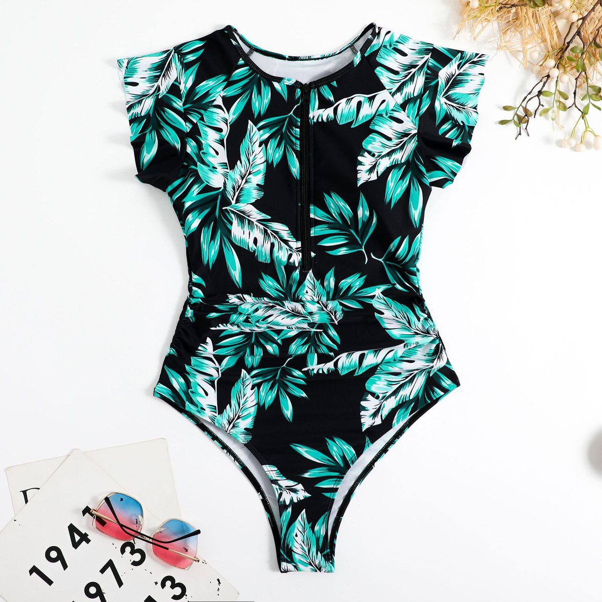 Women's Stretch Zip Up Ruffle One Piece Swimsuit in Green