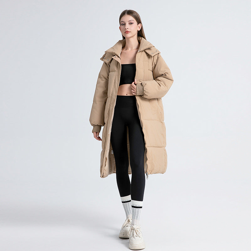 Women's Stand Collar Longline Hooded Puffer Jacket view 6