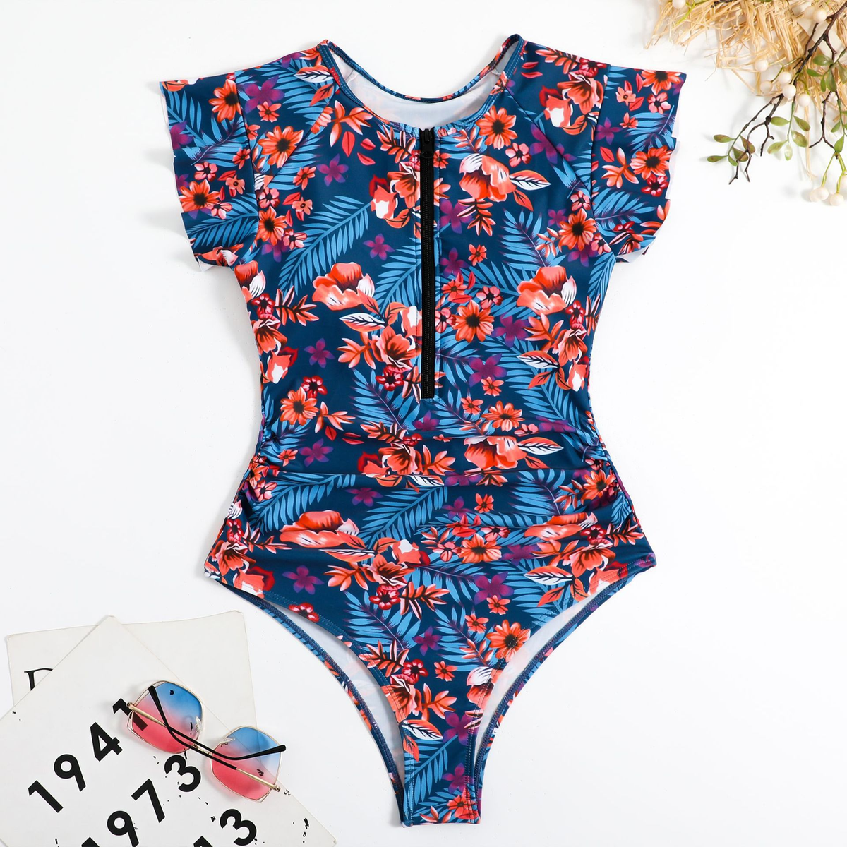 Women's Stretch Zip Up Ruffle One Piece Swimsuit in Blue