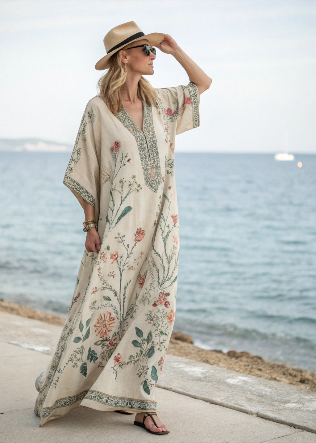 Women's Boho Maxi Dress in Beige/Floral-2
