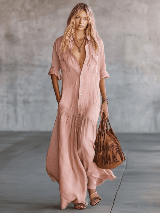 Women's V Neck Short Sleeve Vintage Maxi Dress