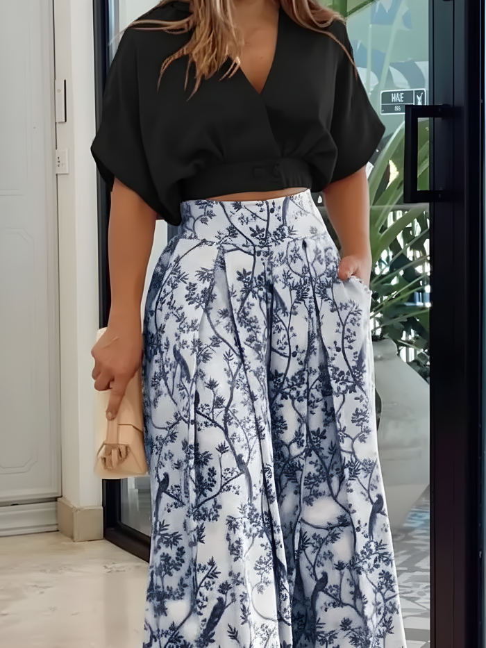 Women's Wrap Crop Top and Floral Trouser Set in Dark Blue