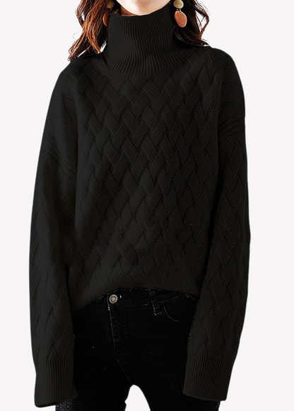 Women's Patchwork Knitted Roll Neck Jumper in Black