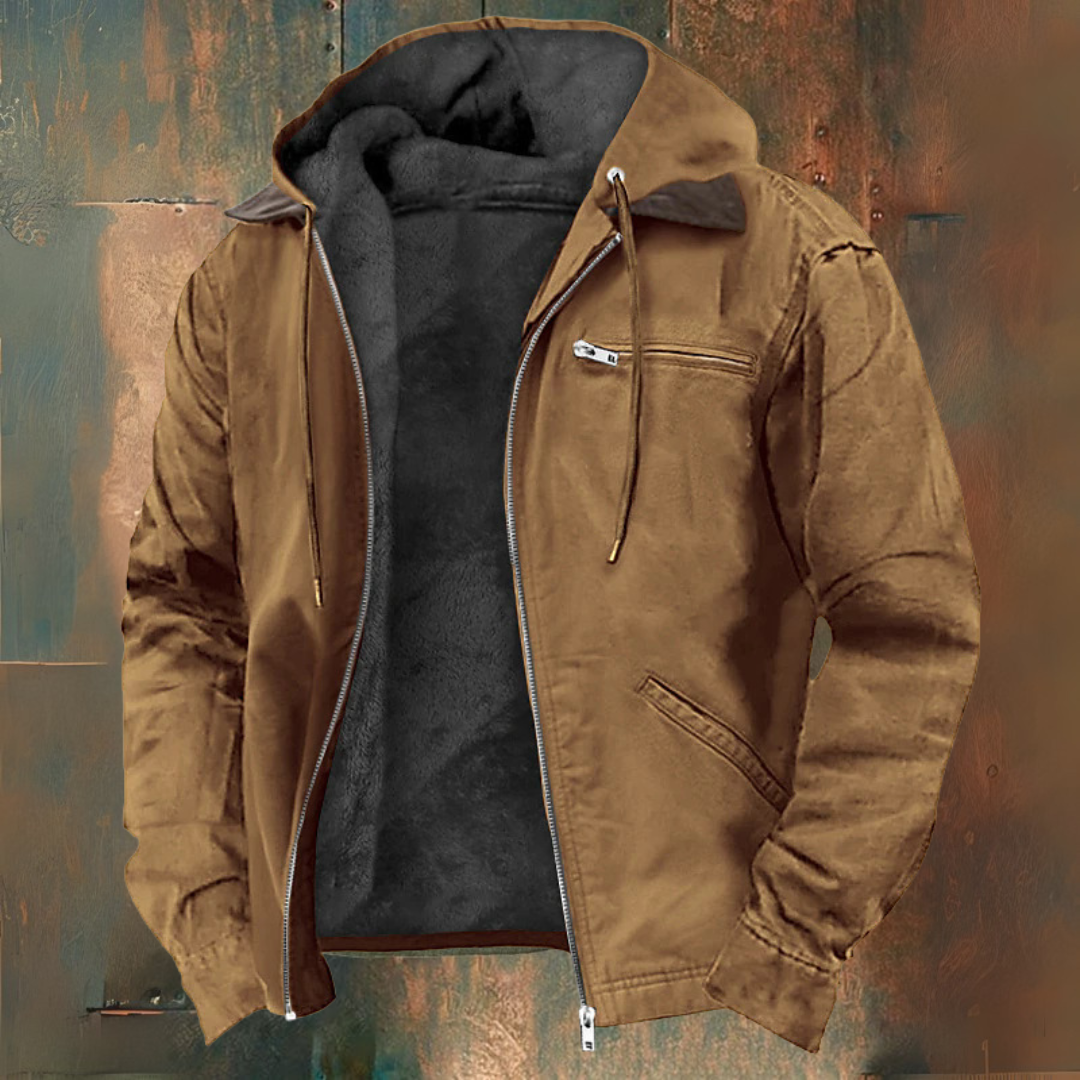 Men's Green Hooded Winter Coat in Brown
