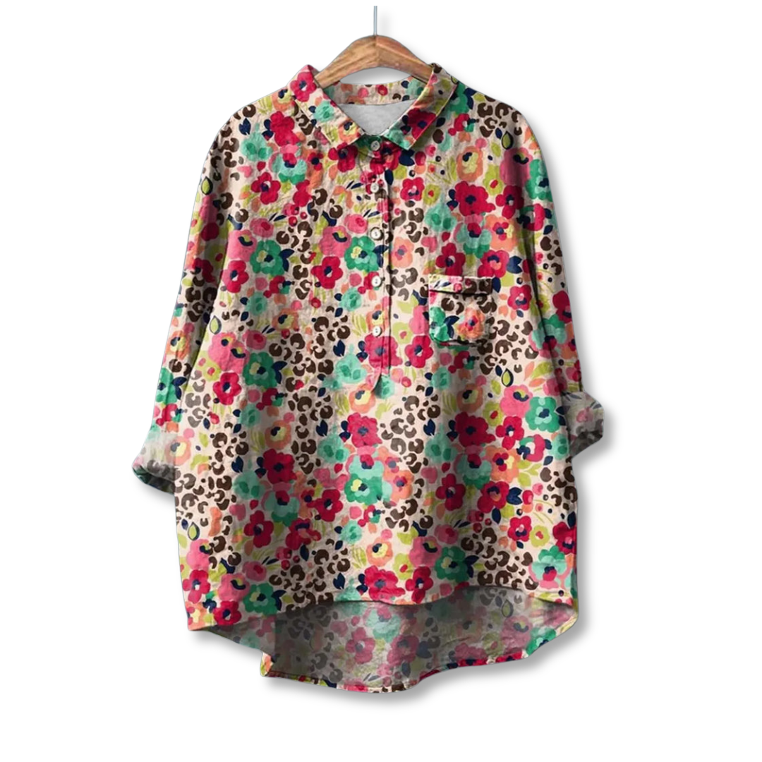Women's Floral Collared Button Front Tailored Shirt in Red