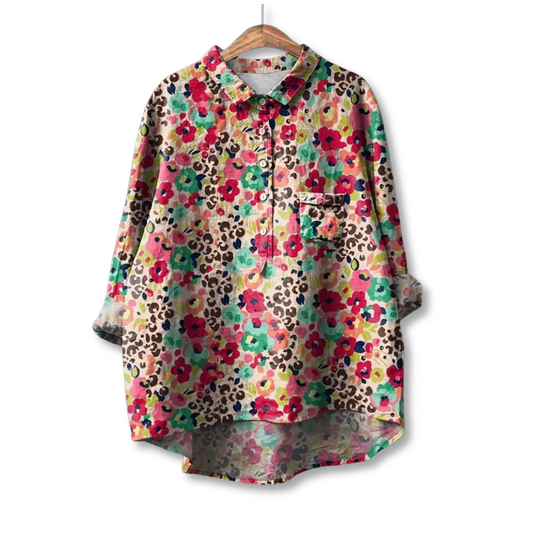 Women's Floral Collared Button Front Tailored Shirt in Red