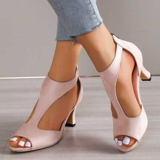 Women's T Bar Peep Toe Cut Out Heels in Pink