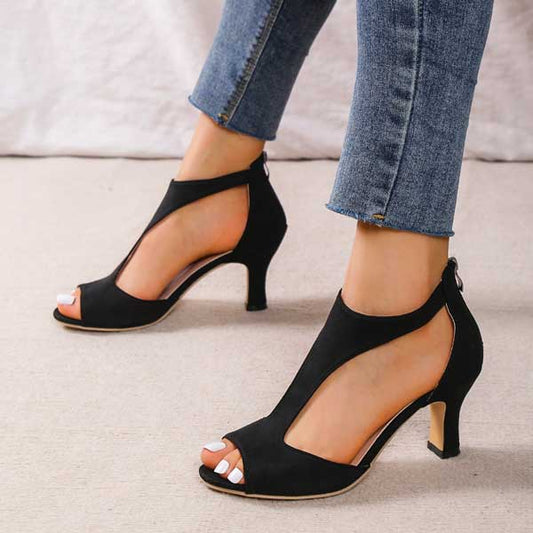 Women's T Bar Peep Toe Cut Out Heels in Black