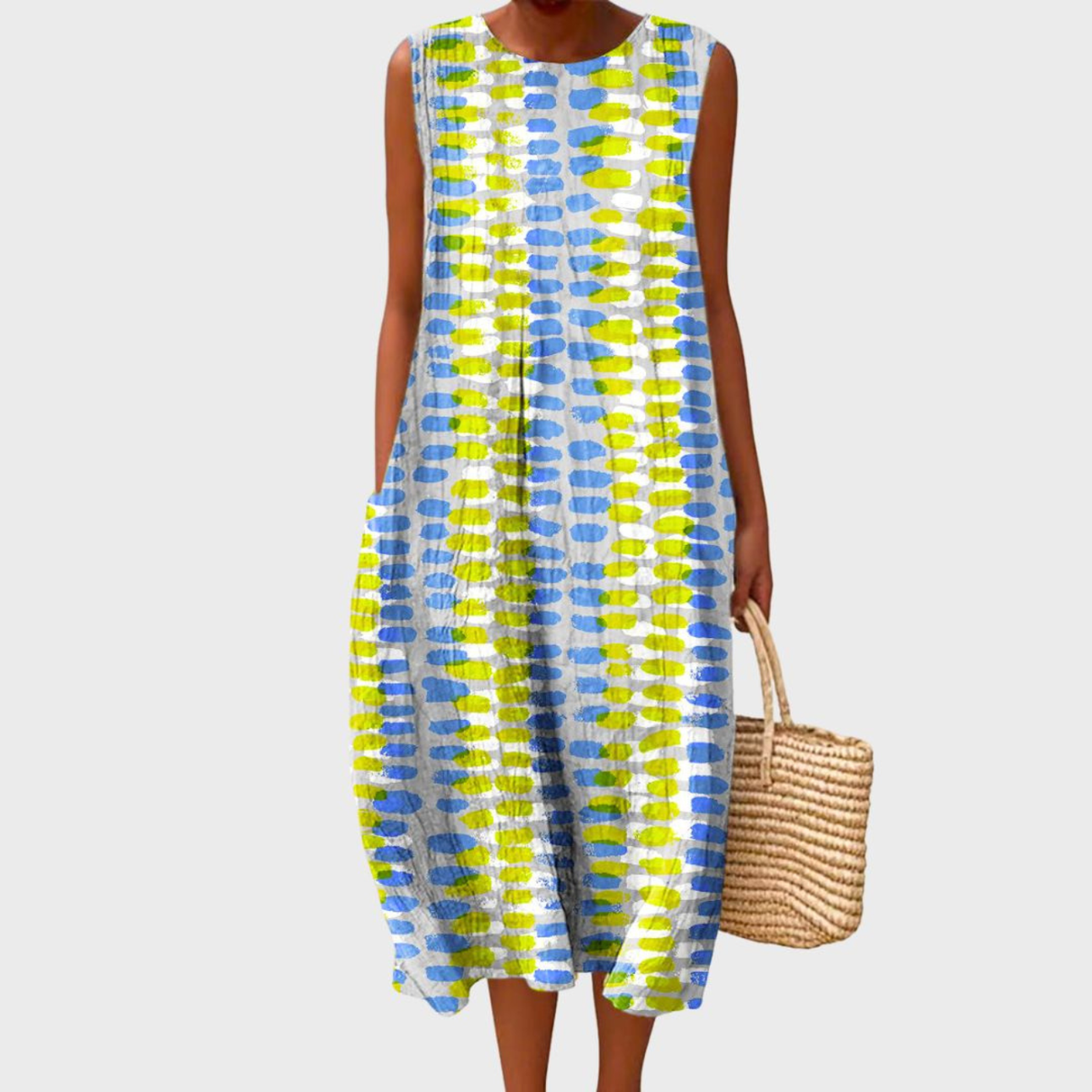 Women's Soft Blue Checked Midi Dress in Blue and Yellow Check