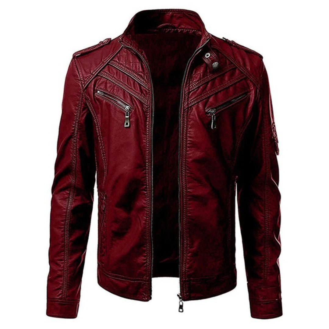 Men's Zip Up Stand Collar Faux Leather Jacket in Burgundy
