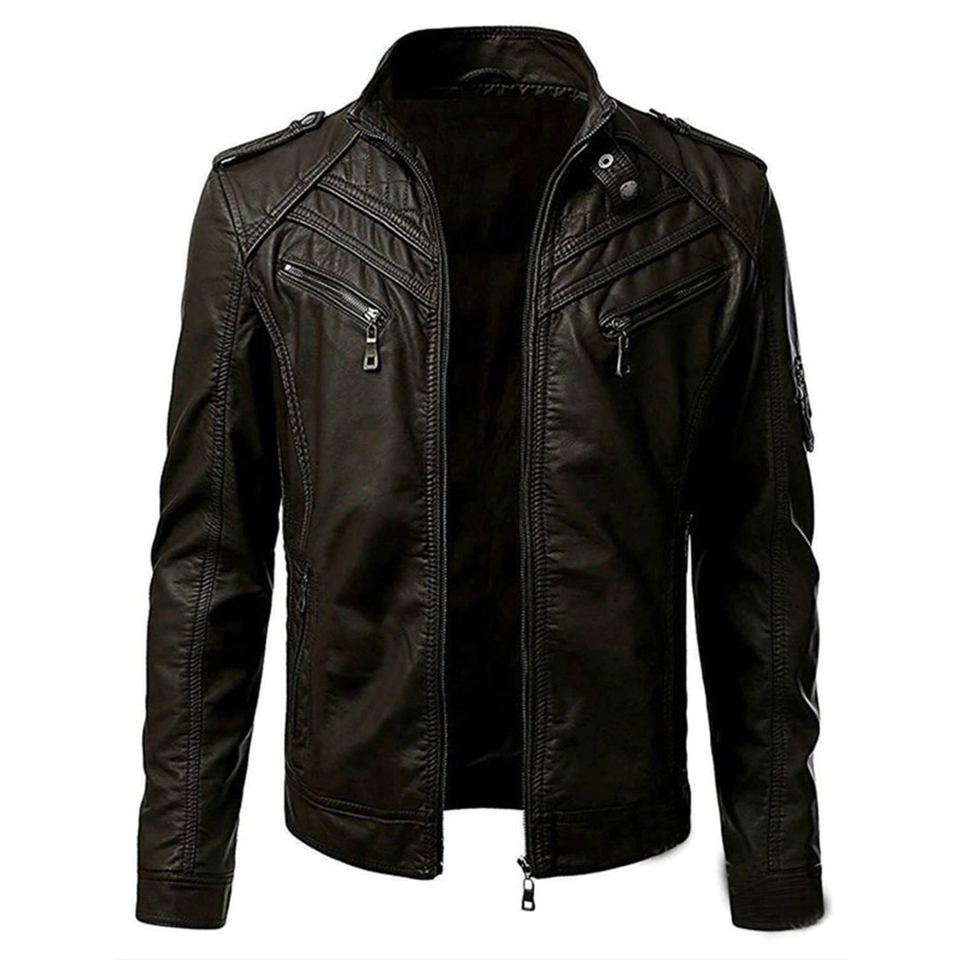 Men's Zip Up Stand Collar Faux Leather Jacket in Camel