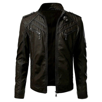Men's Zip Up Stand Collar Faux Leather Jacket in Camel