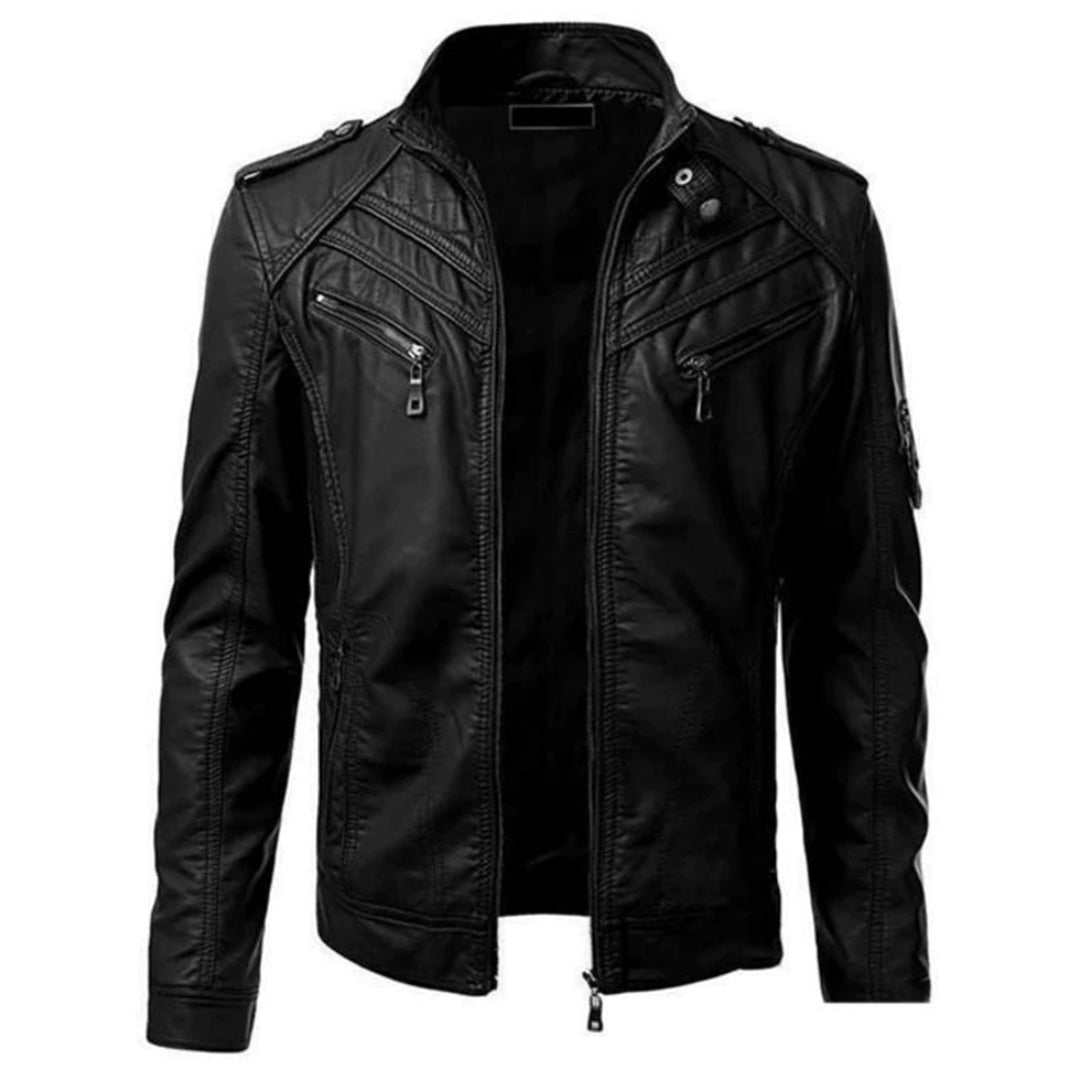 Men's Zip Up Stand Collar Faux Leather Jacket in Black