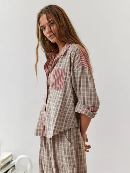 Women's Collared Checked Pyjama Set view 3