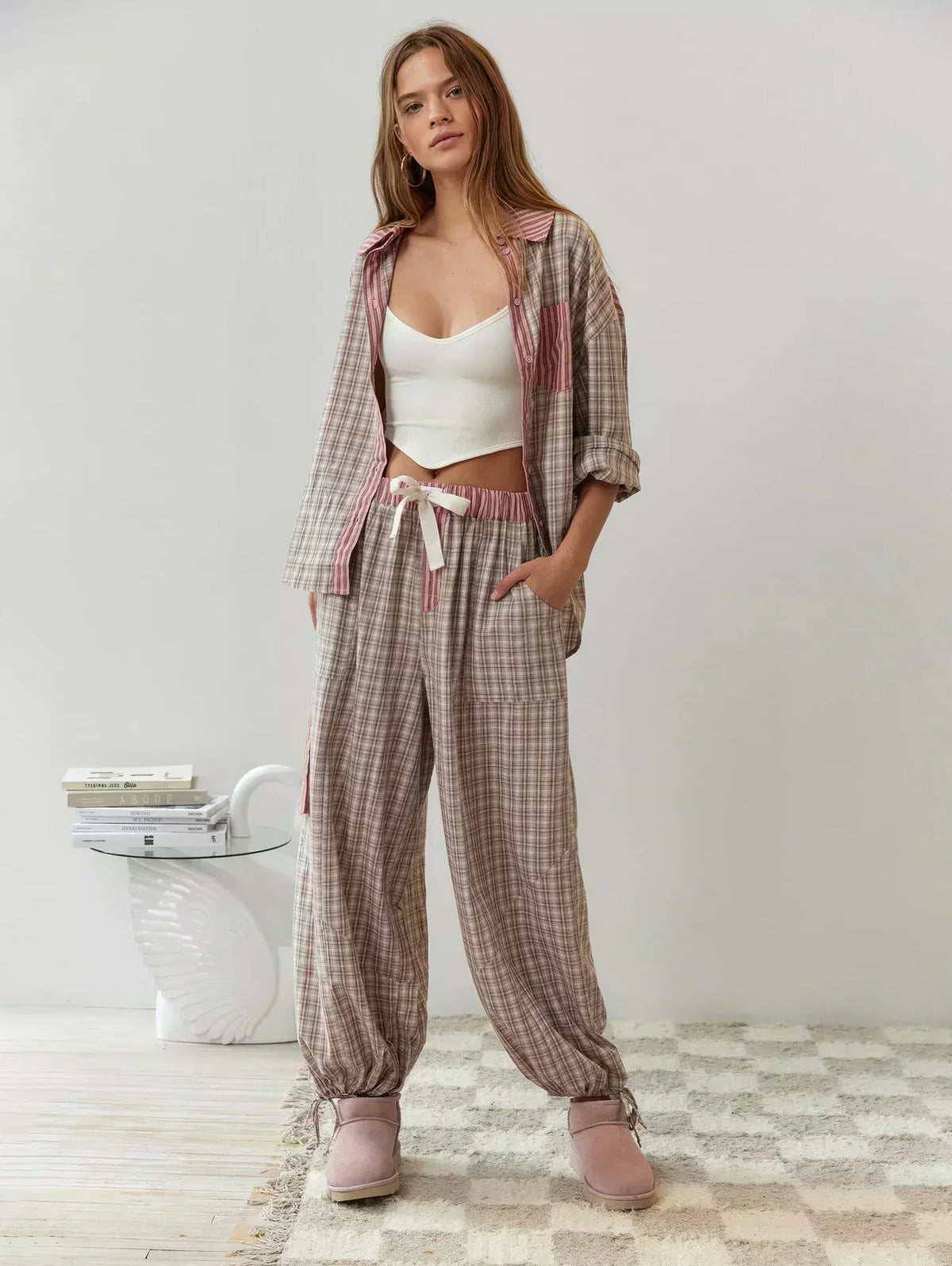 Women's Collared Checked Pyjama Set view 5