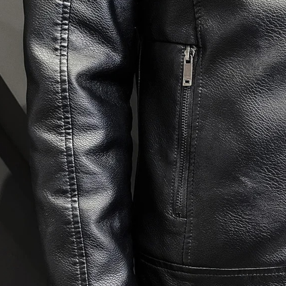 Men's Fleece Lined Fur Collar Faux Leather Jacket
