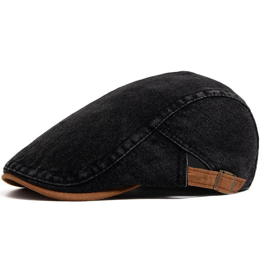 Women's Buckle Strap Denim Flat Cap in Black