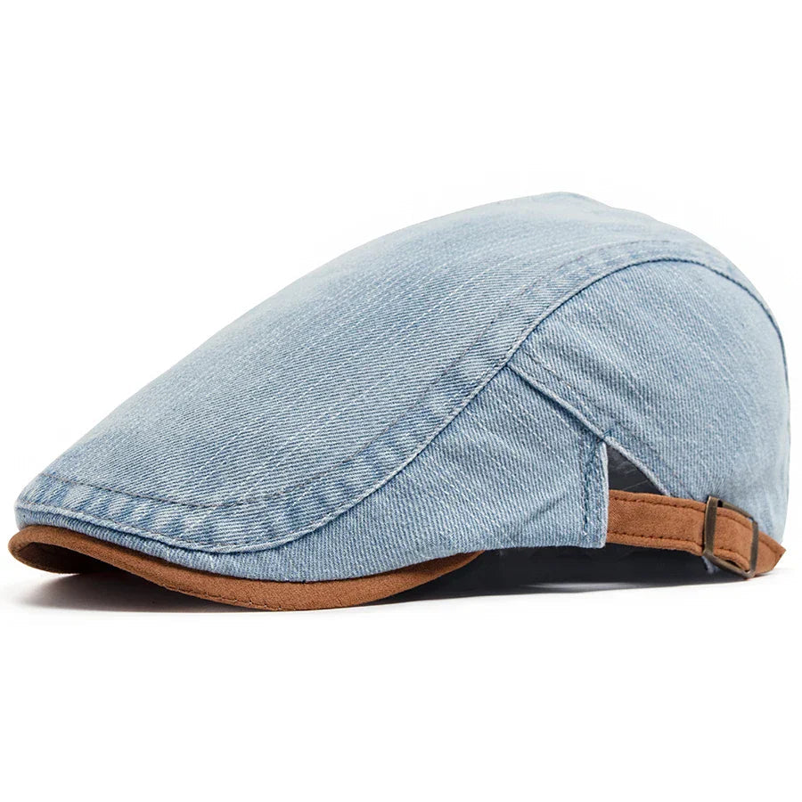 Women's Buckle Strap Denim Flat Cap in Light Blue