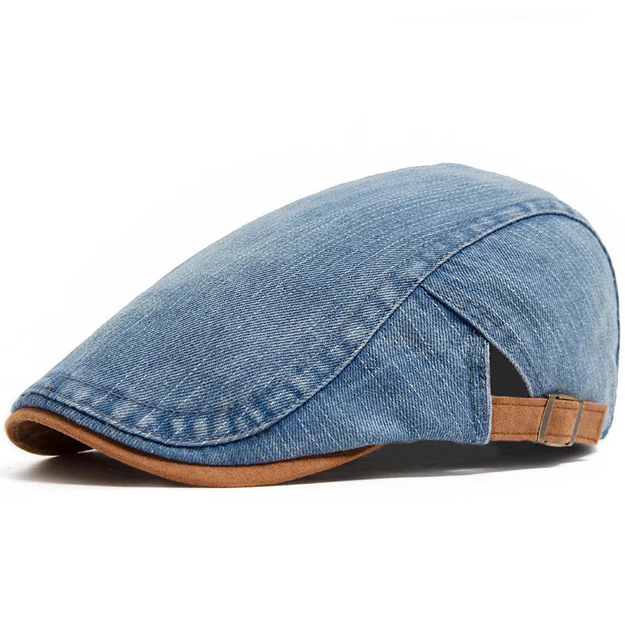 Women's Buckle Strap Denim Flat Cap in Blue