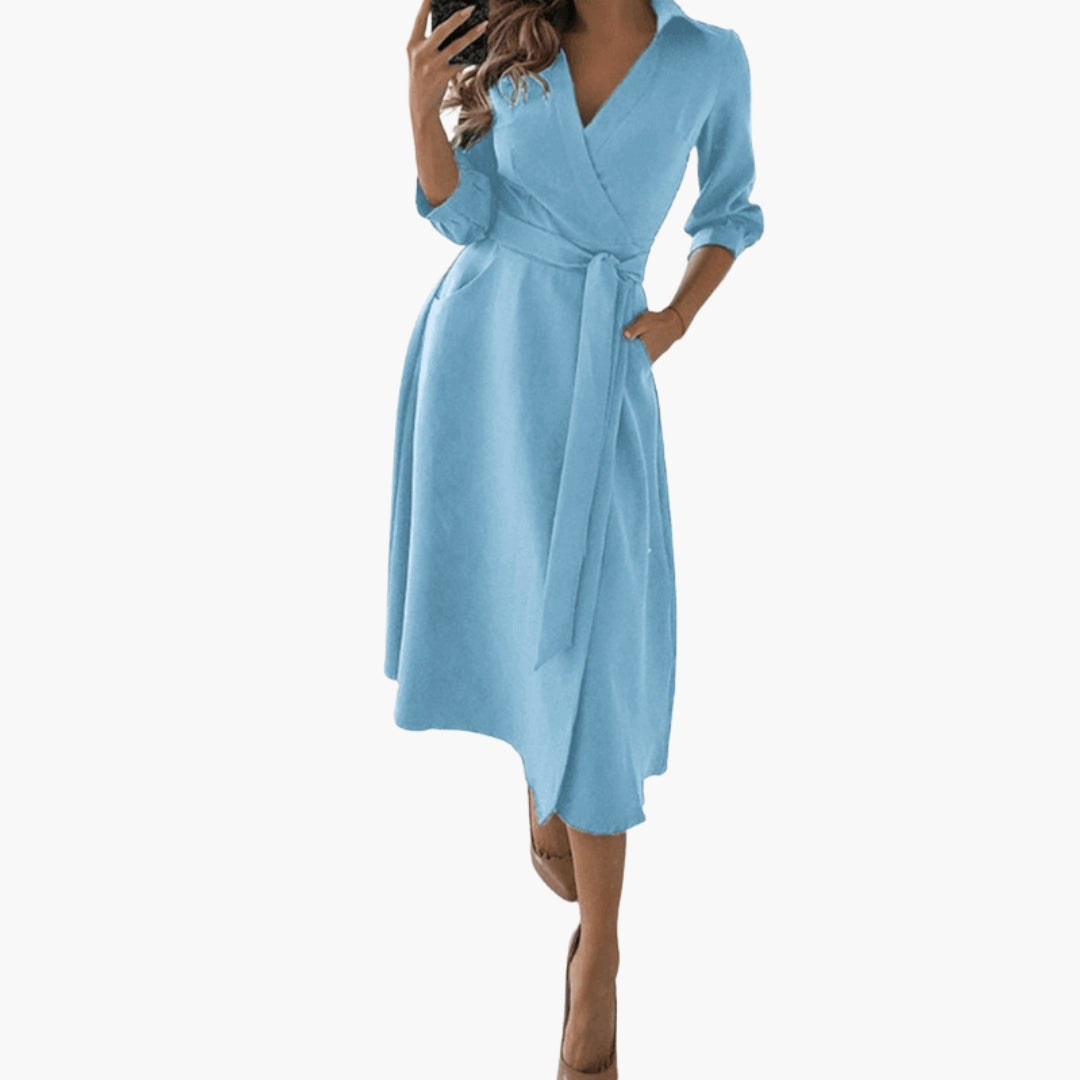 Women's Lapel Collar A Line Draped Midi Dress view 3