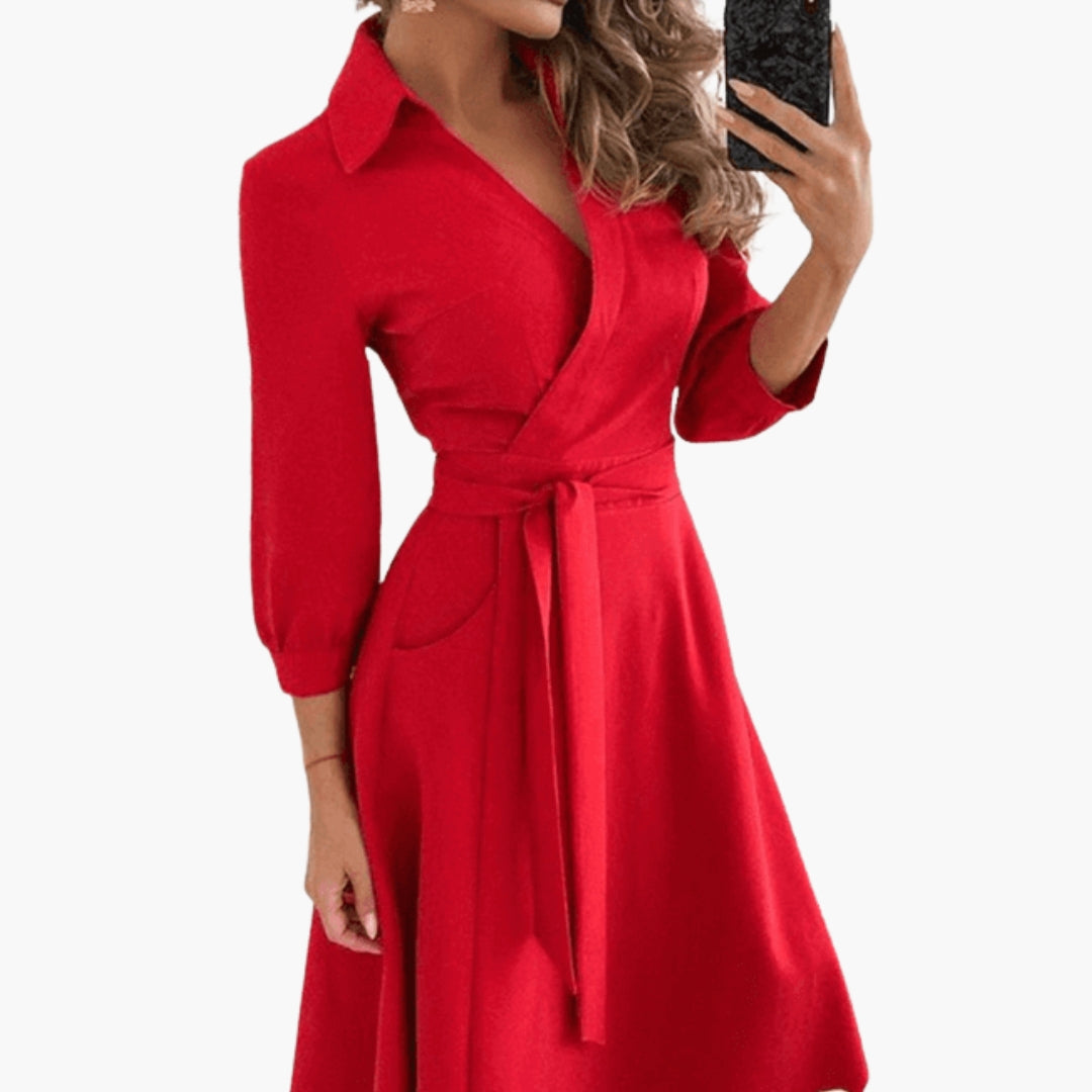 Women's Lapel Collar A Line Draped Midi Dress view 8
