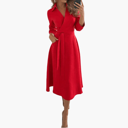 Women's Lapel Collar A Line Draped Midi Dress view 7