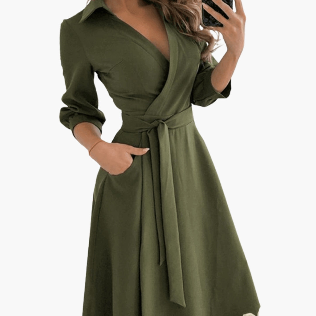 Women's Lapel Collar A Line Draped Midi Dress view 6
