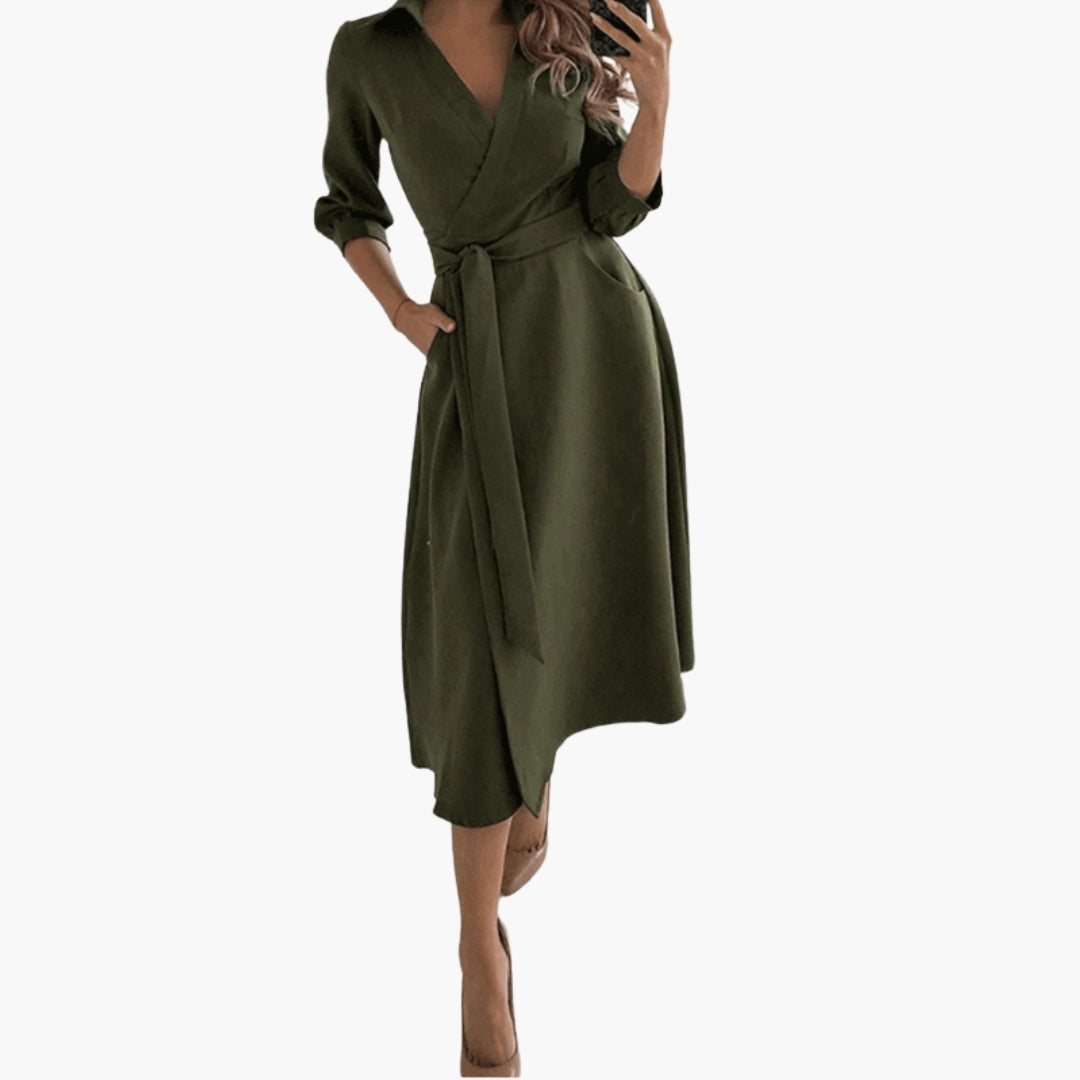 Women's Lapel Collar A Line Draped Midi Dress view 5