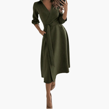 Women's Lapel Collar A Line Draped Midi Dress view 5