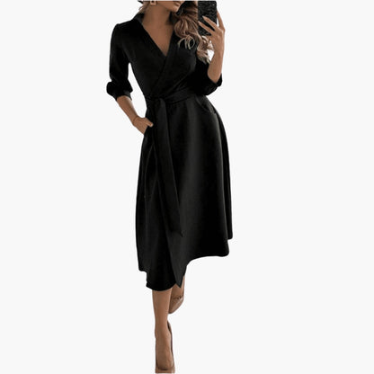 Women's Lapel Collar A Line Draped Midi Dress