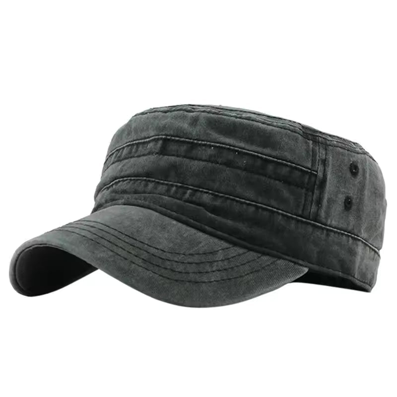 Men's Adjustable Peaked Military Style Flat Cap in Black