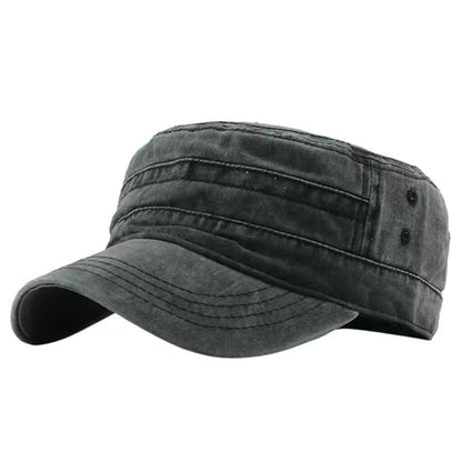 Men's Adjustable Peaked Military Style Flat Cap in Black