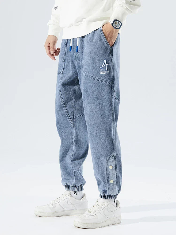 Men's Tapered Drawstring Cuffed Textured Jeans in Blue