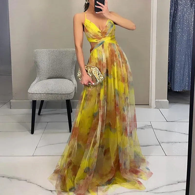 Women's Orange V Neck Wedding Guest Dress in Yellow
